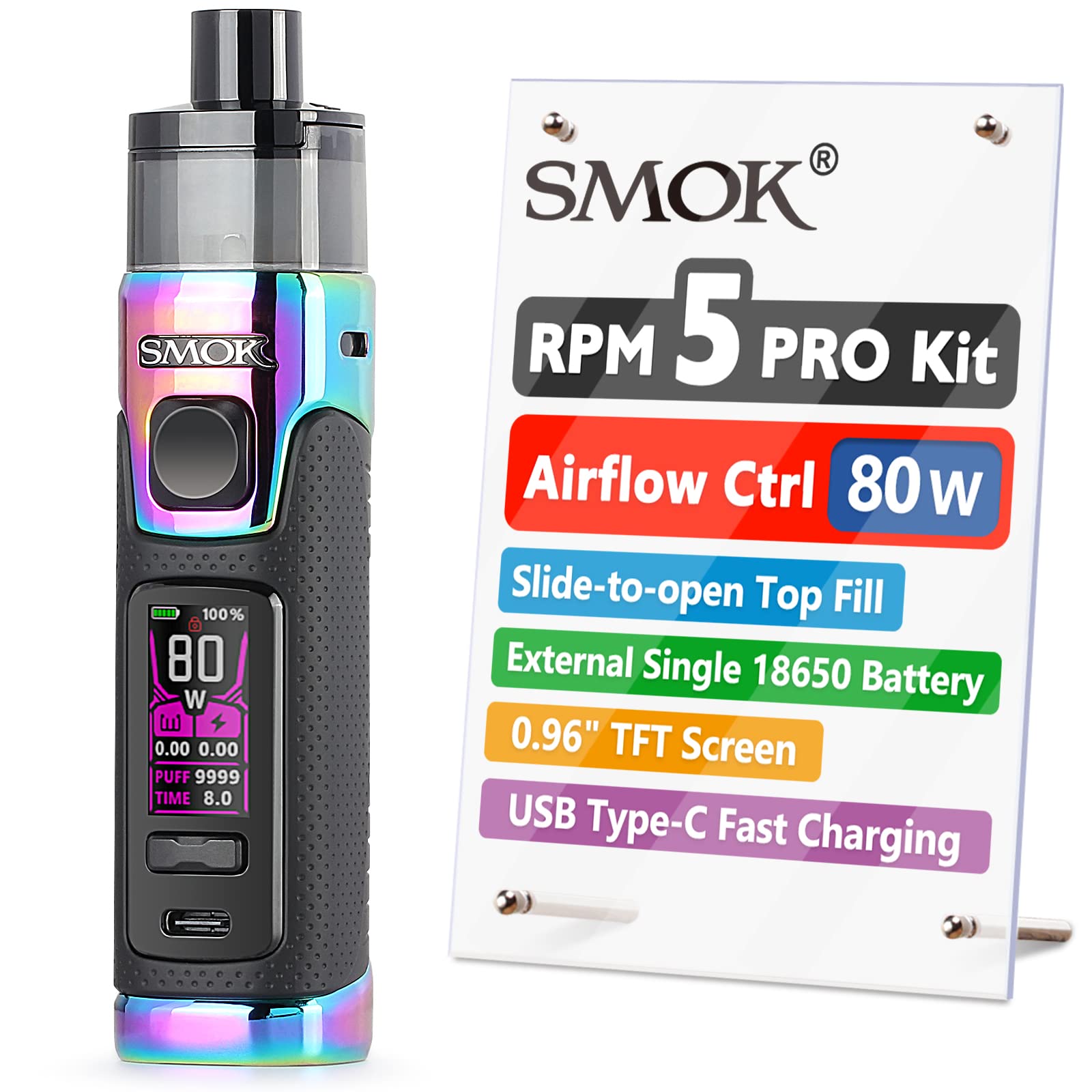 SMOK RPM5 PRO 80W E Cigarette Vape Starter Kit, 2ml Pod, Single Replaceable  18650 Battery(Not Included), No Nicotine - Prism Rainbow : Amazon.co.uk:  Electronics & Photo