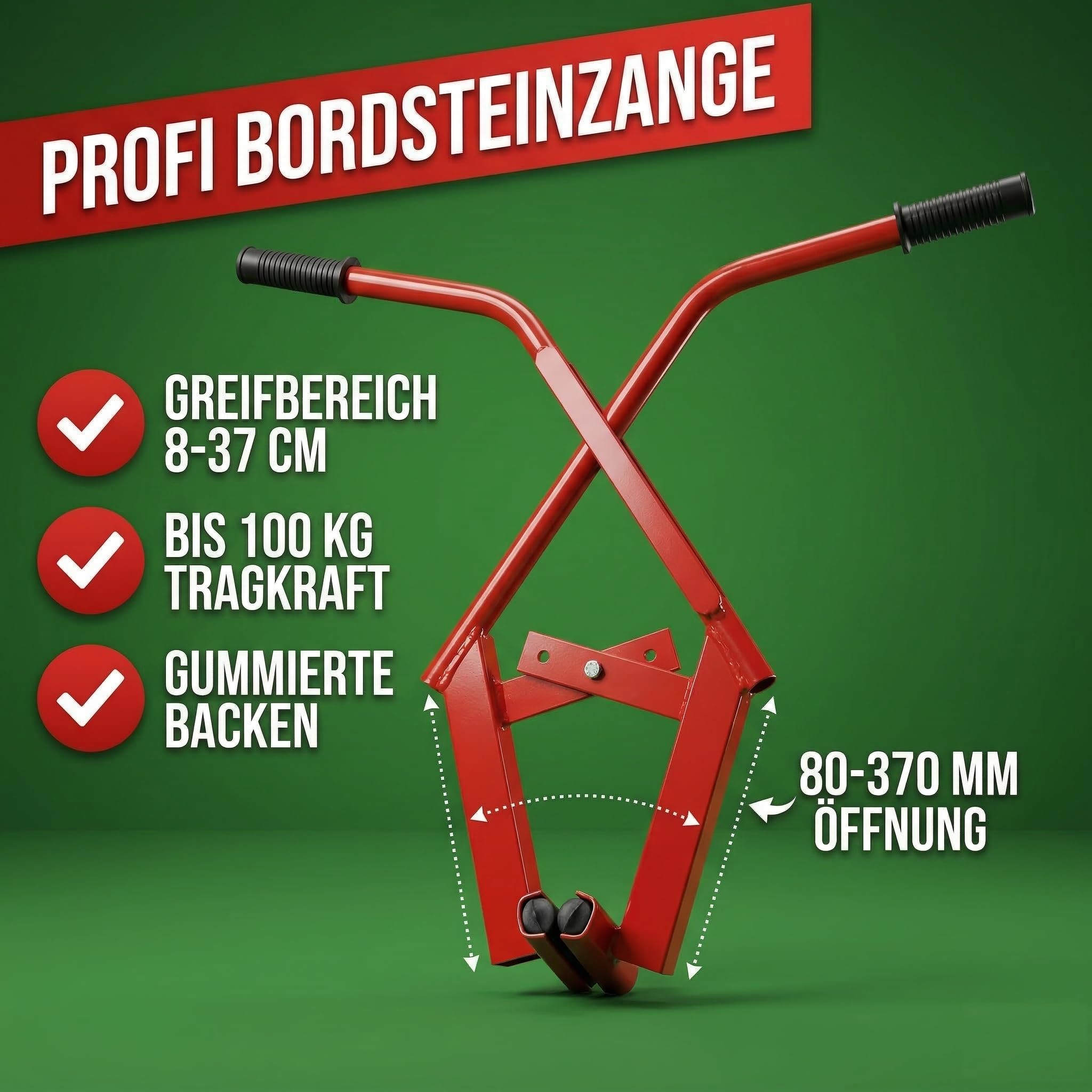 Bordsteinzange 100kg 0-370mm – Verstellbarer Steinheber Pflastersteinzange Bordsteinträger Versetztrage Gummierte Backen rutschfest – Profi Steinzange rot