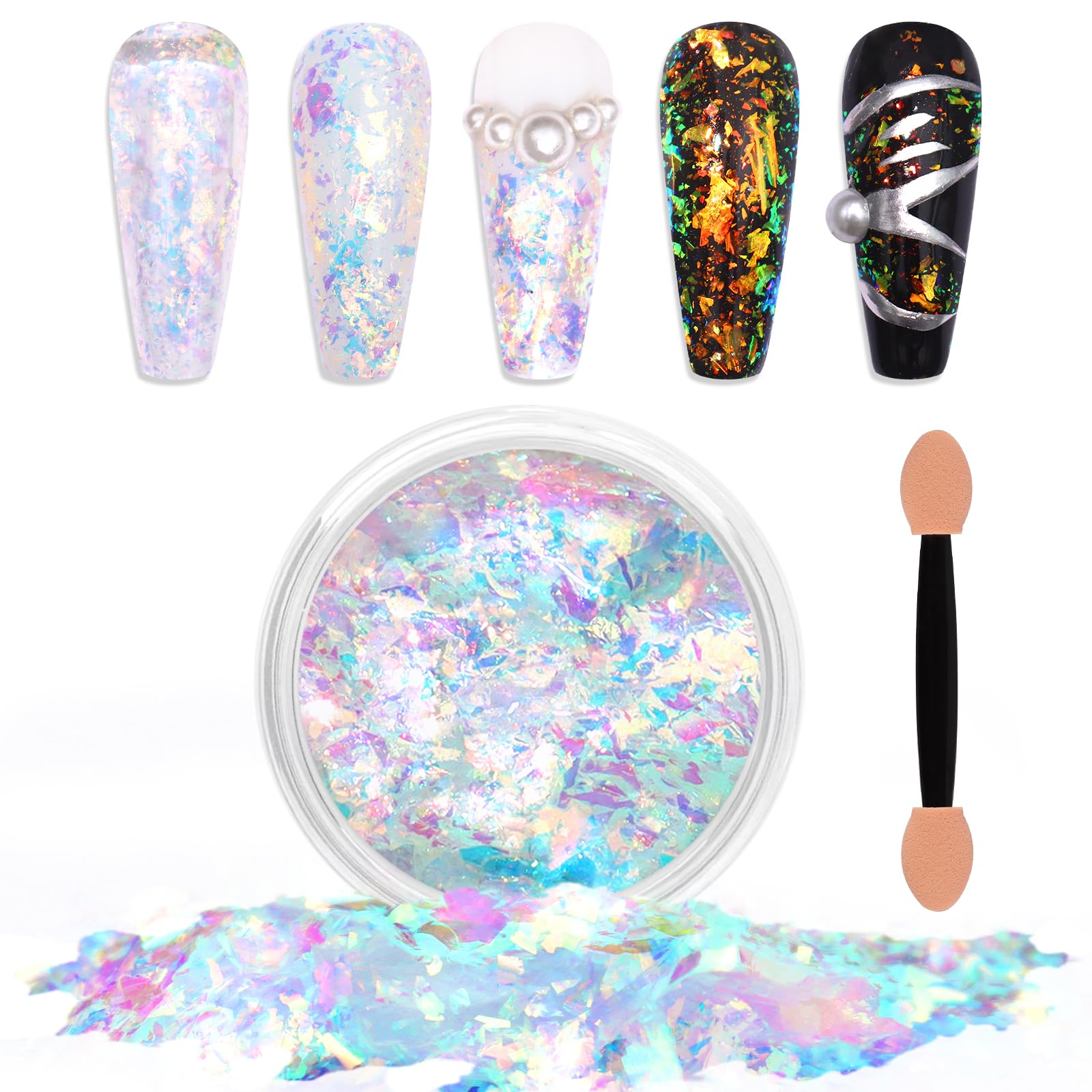 Laza Colorful Moonlight Chameleon Flakes Nail Glitter Irregular Opal Nail Foil Flakes Chunky Confetti Color-Shift Sequins Iridescent Fairy Dust for Mermaid Nails Design, Nail Decorations for Nail Art