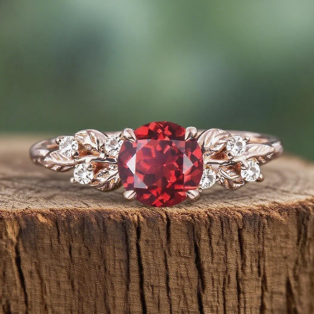10k 14k 18k Gold Ruby Diamond Engagement Rings for Women Vintage ring Unique Nature Inspired Leaf Ring Red stone Gifts