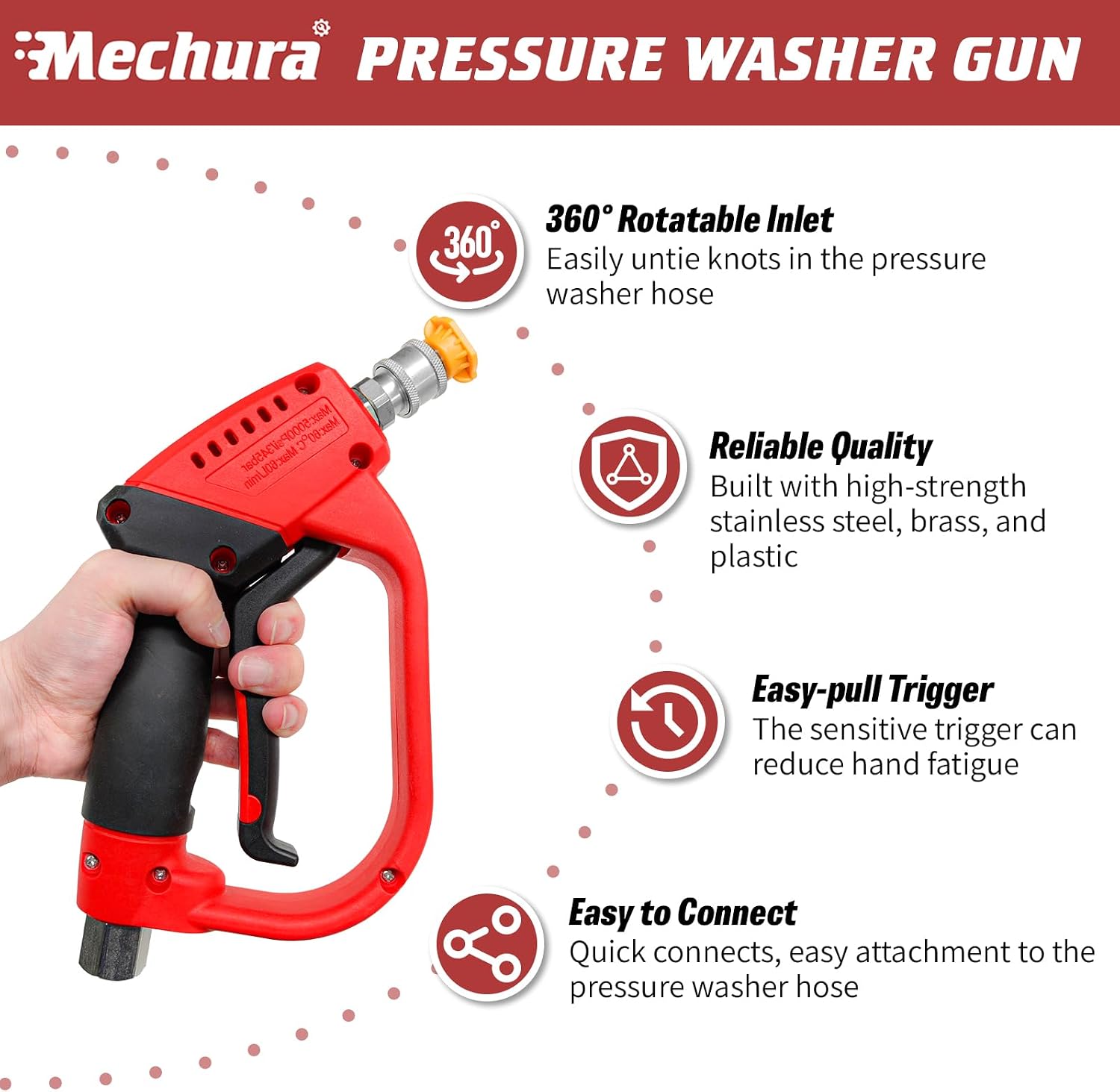 Pressure Washer Gun 5000 PSI, 360° Swivel Gun, Pressure Washer Accessories with 1/4" Quick Connect Outlet, Stubby Pressure Washer Gun with 5 Nozzle Tips, 3/8" Plug & M22-14mm Adapter