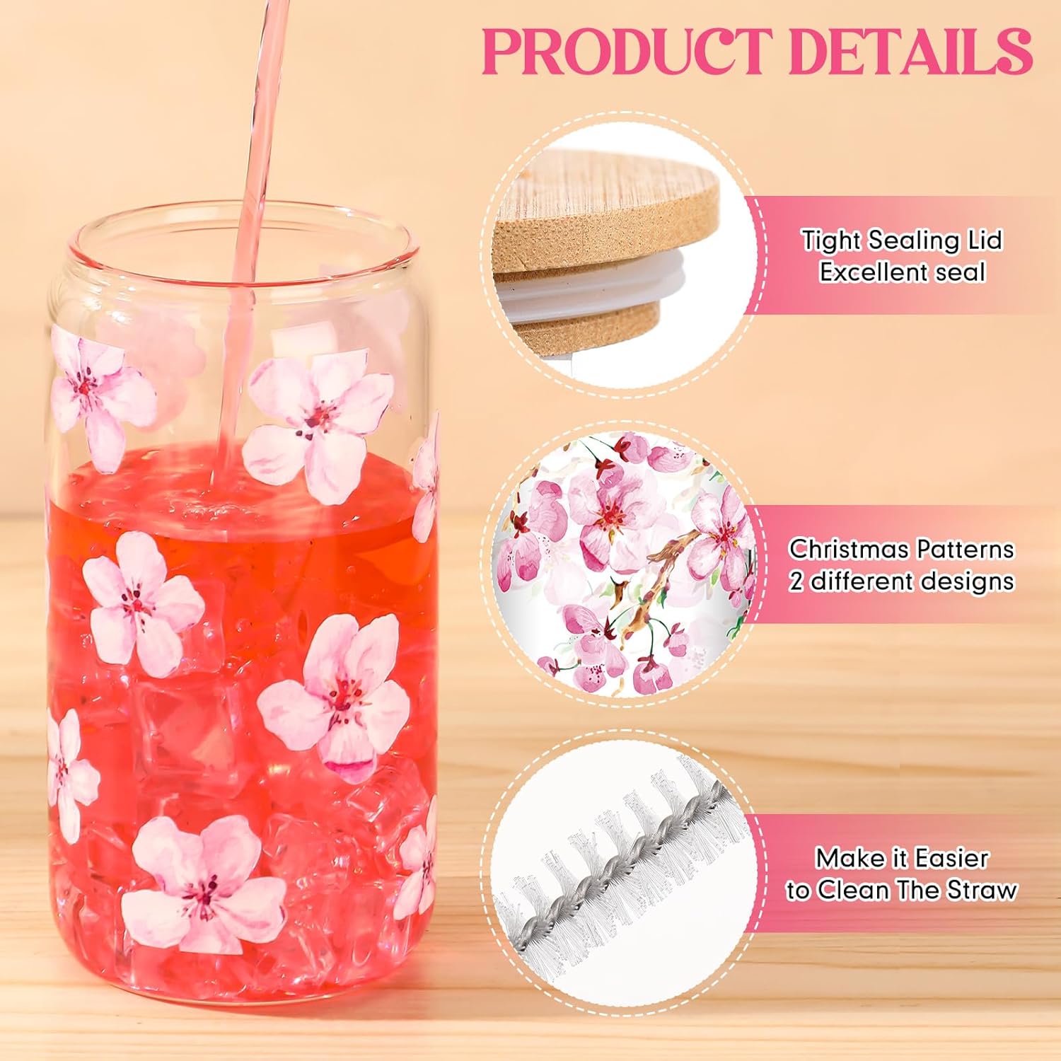 Baderke 2 Sets Cherry Blossom Glass Cup 16 oz Aesthetic Sakura Coffee Cup with Bamboo Lid Straw Cleaning Brush and Flowers Straw Cover Cap for Valentine's Day Wedding Birthday Gift(Classic Style) - Image 3