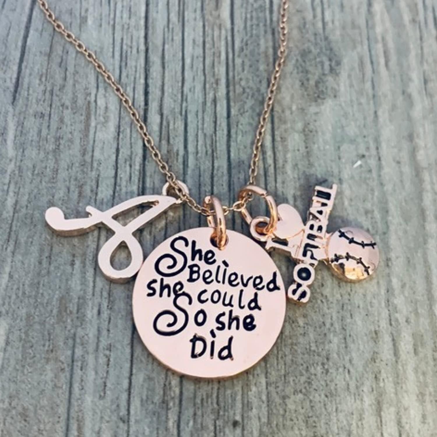 Personalized Softball Necklace, Girls Rose Gold Initial Charm She Believed She Could So She Pendant, Love Softball Jewelry, Softball Player Gift - Image 2