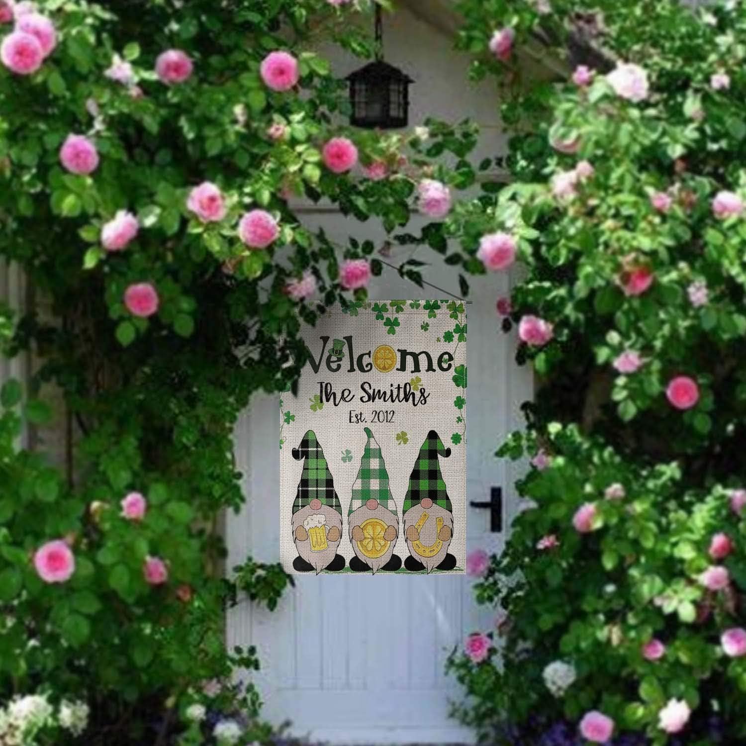Smile Personalized St. Patricks Gnomes Shamrock House Flag, Welcome Customized Family Last Name and Year, Double Sided 28 x 40 Inch Rustic Farmhouse Burlap Yard Outdoor Decoration