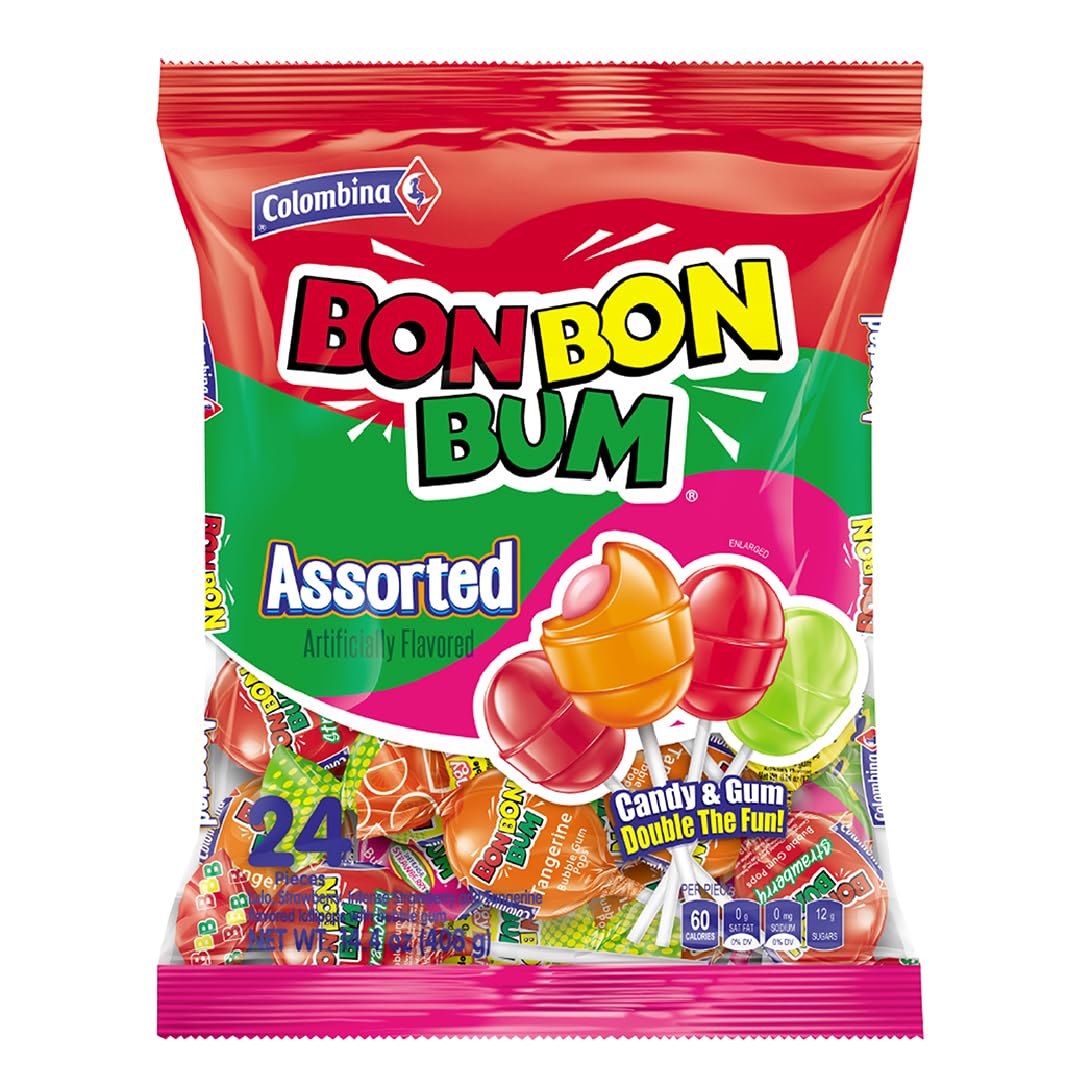 Colombina Bon Bon Bum Lollipops w/Bubble Gum Center, Assorted Flavors, Individually Wrapped, Ideal for Party Favors and Gifts, 1 Pack (24 Count)