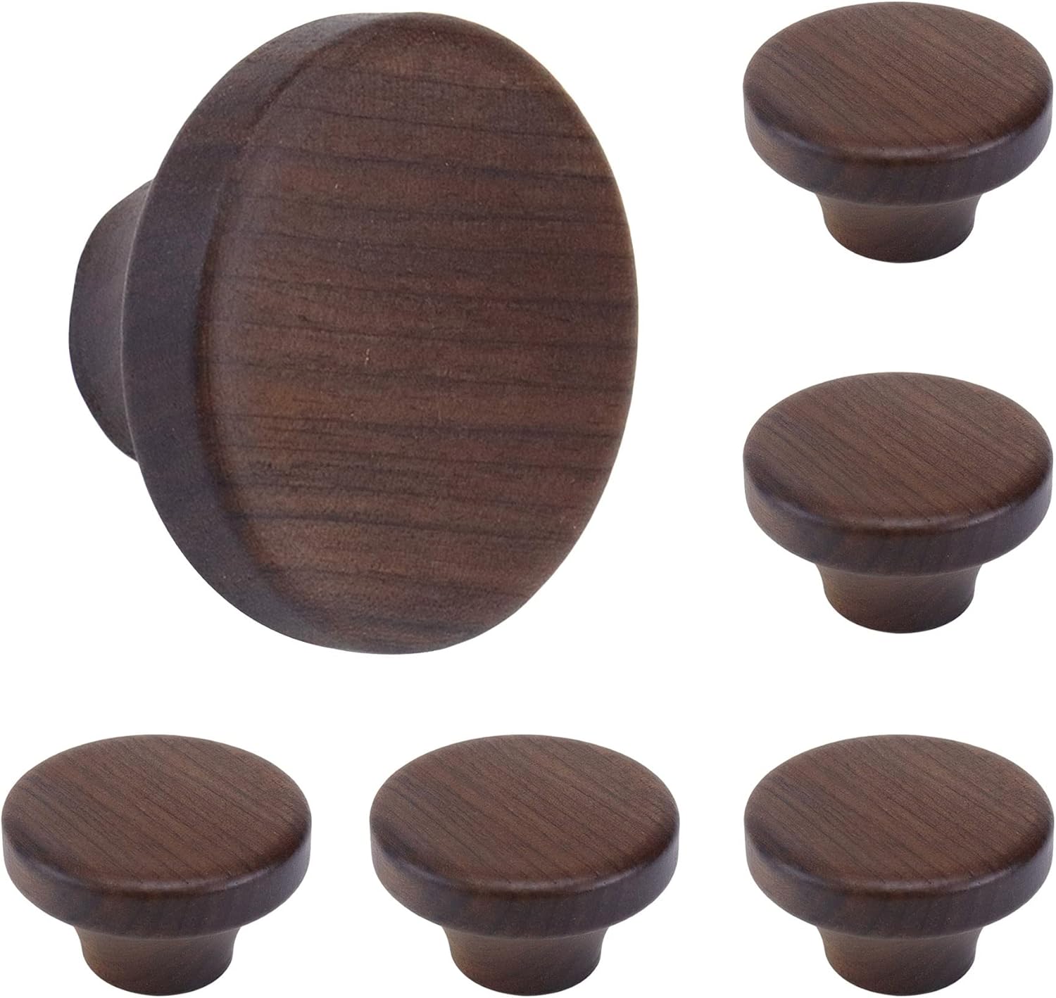 6PCS Round Wooden Single Hole Drawer Handles, 1.56" Cabinet Knobs 1 Hole Hardware Handles Decorative Furniture Knobs for Dresser Wardrobes (Walnut)