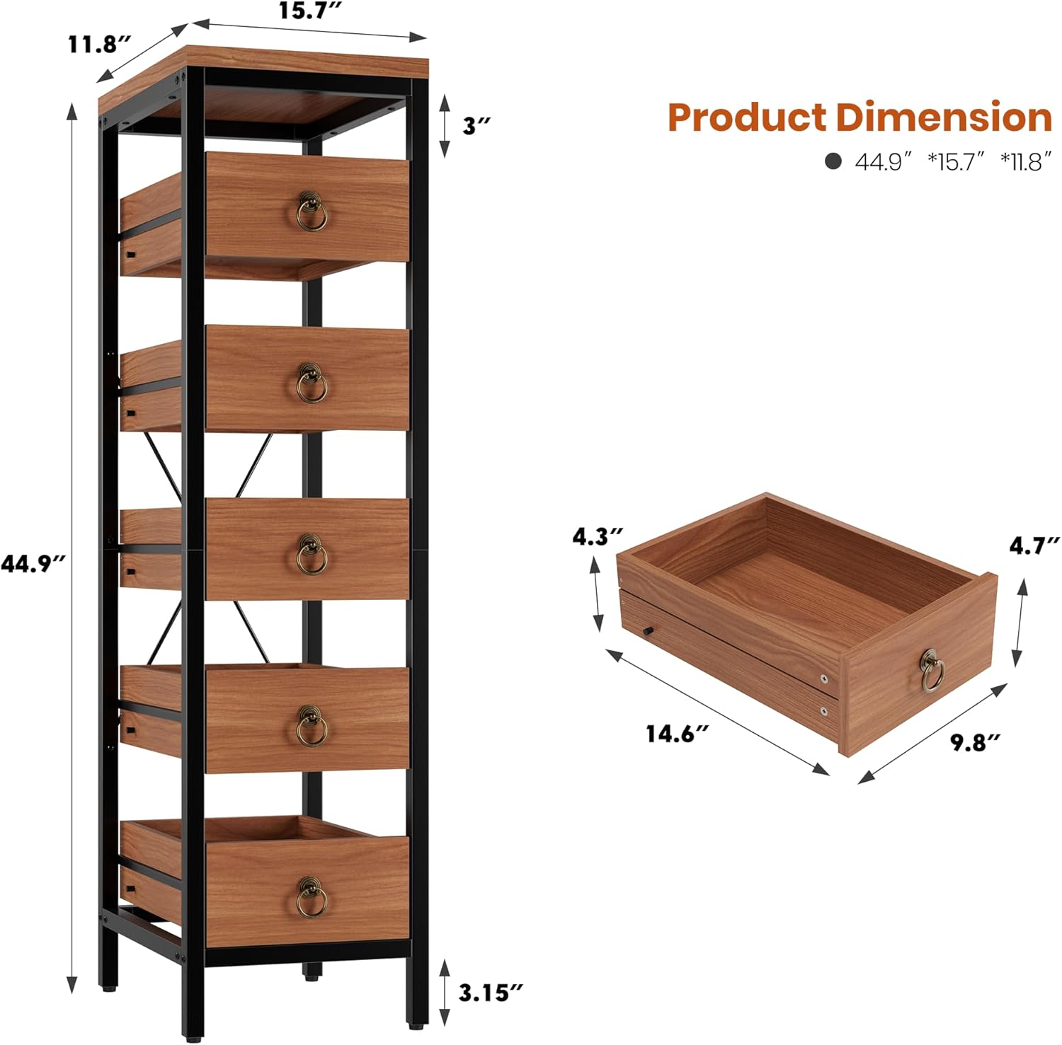 Kitchen Fruit Vegetable Storage Rack, 5-Tier Narrow Snack Fruit Display Stand with 5 Pull-Out Drawers Basket, Utility Organizer Standing Shelf for Kitchen Living Room Bathroom Supermarket, Walnut