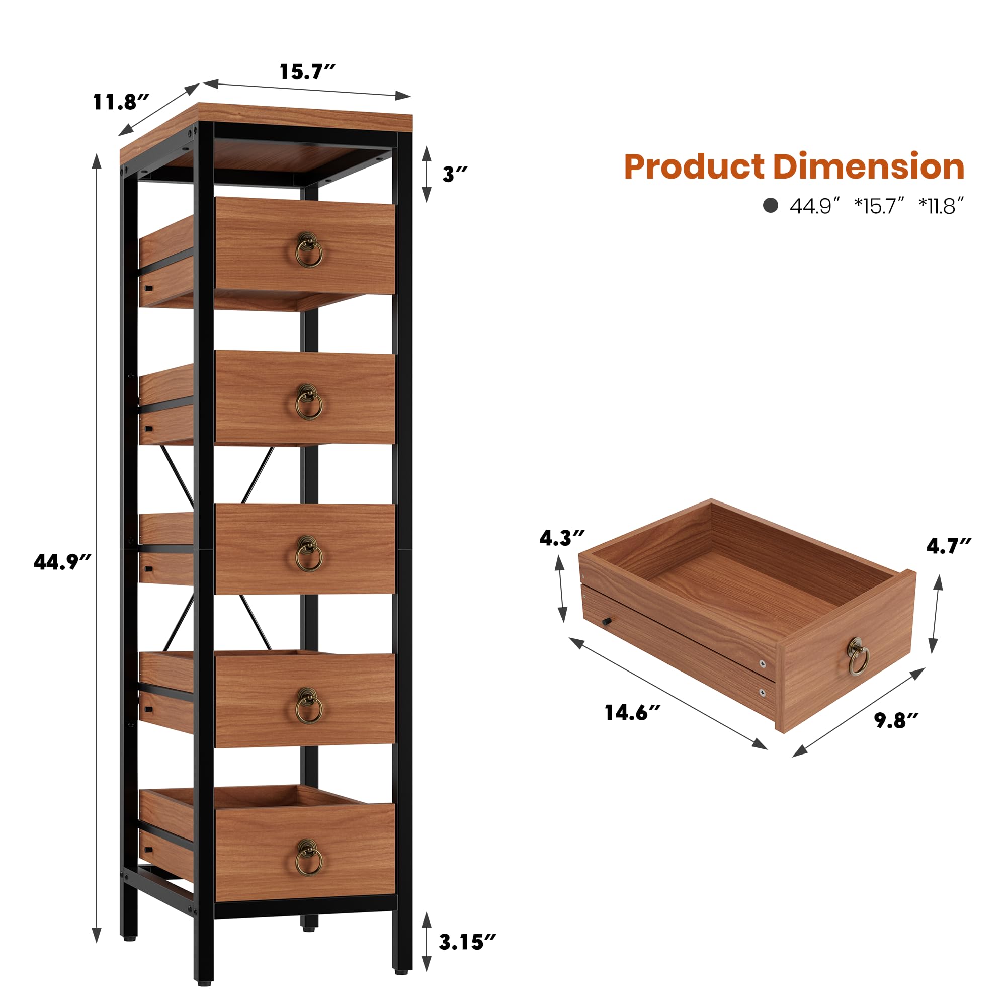 Scaffale da cucina stretto a 5 livelli con cassetti rimovibili, organizer metallico multiuso, salvaspazio per frutta, verdura e aperitivi, ideale per cucina, soggiorno, bagno e supermercato.