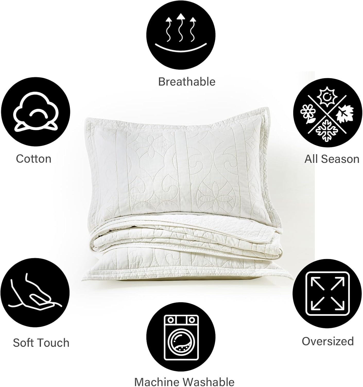 PANGUSHAN 100% Cotton Quilt Set King Size, Embroidery Pattern Bedding Set Bedspreads, Farmhouse Lightweight Comforter, White Beige Reversible Quilt for King Bed, 3 Pieces