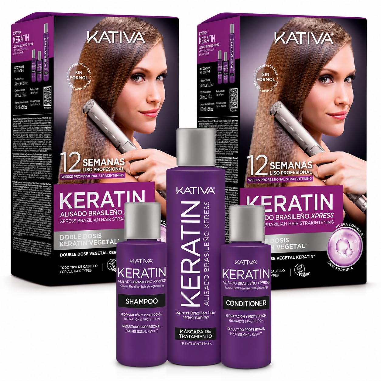 Kativa Keratin Alisado Brasileño Kit Stiratura Brasiliana - PACCO DA 2 - Trattamento Lisciante Anti Crespo alla Cheratina Vegetale, Senza Formaldeide, Capelli Lisci fino a 12 Settimane