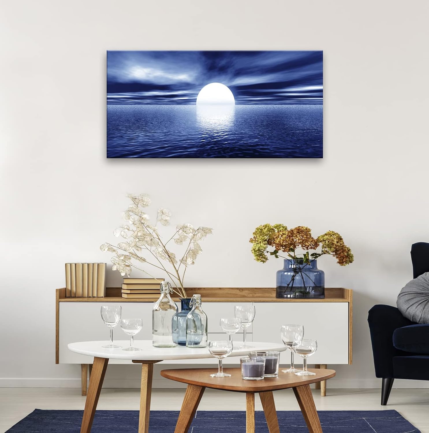 Wall Art for Bedroom Sun Sea Ocean Wall Decor Landscape Picture Canvas Wall Art Print Blue Sea Moon - Artwork for Living Room Bathroom Wall Decor and Office Home Decor Framed Art Ready to Hang