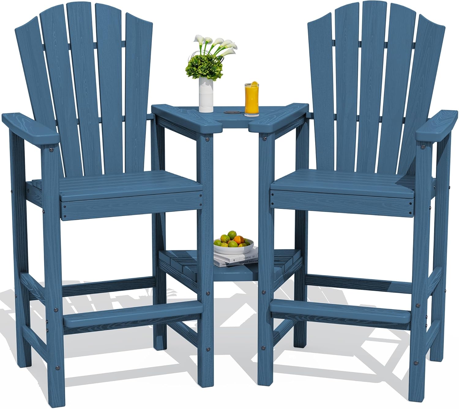 KINGYES Tall Adirondack Chair Set of 2, All-Weather HDPE Outdoor Adirondack Barstools with Double Connecting Trays, Bar High Airondack Chair with Wood Grain, Embossed Balcony Chair for Backyard, Blue