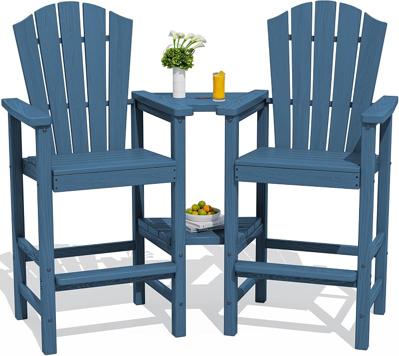 Tall Adirondack Chair Set of 2 with Double Connecting Trays, Blue | All-Weather HDPE Outdoor Adirondack Barstools, Bar High Airondack Chair with Wood Grain, Embossed Balcony Chair for Backyard