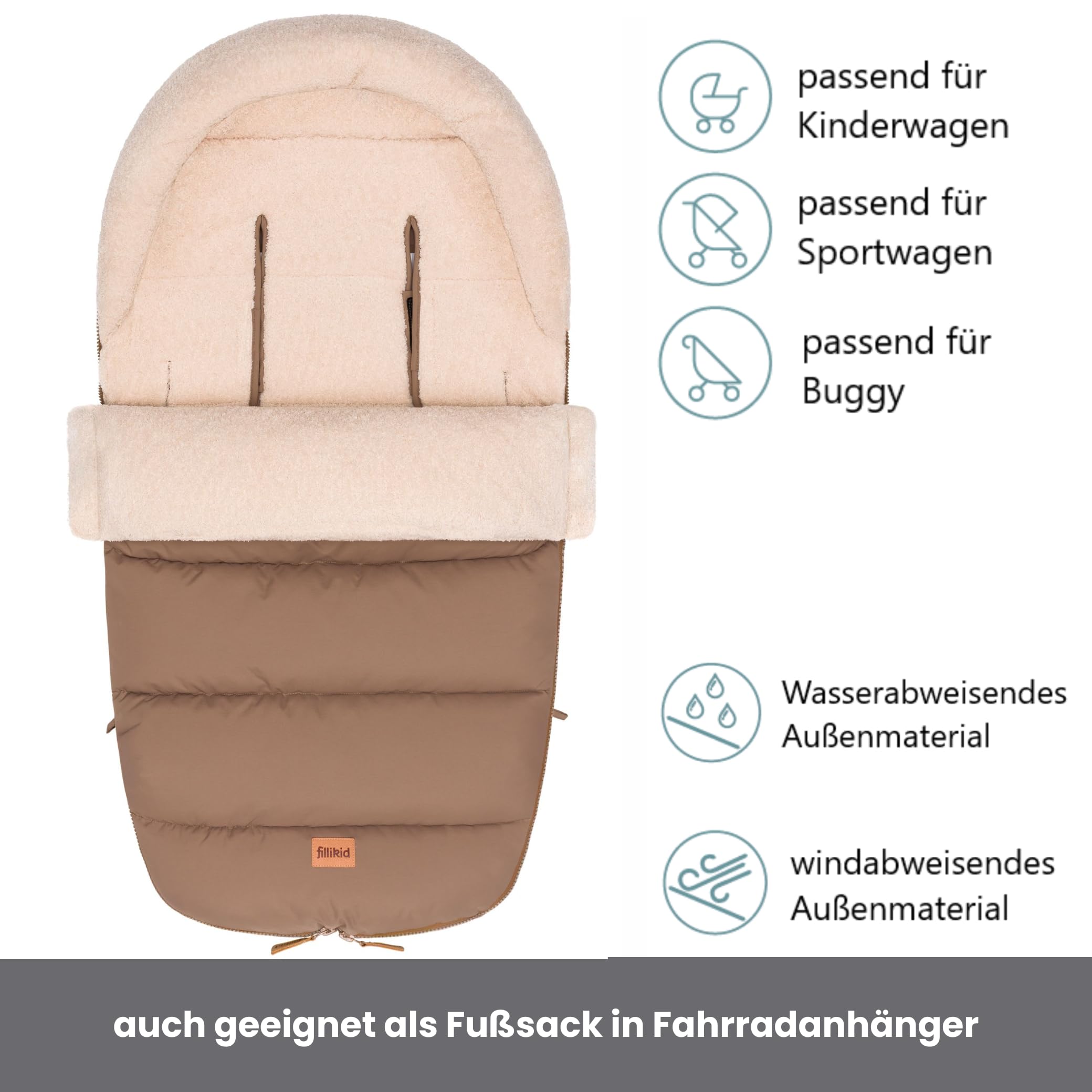 Fillikid Winterfußsack Atlas Teddy Exklusiv | Kuscheliges Teddy-Innenfutter, wind- & wasserabweisend, pflegeleicht, für Buggy & Kinderwagen