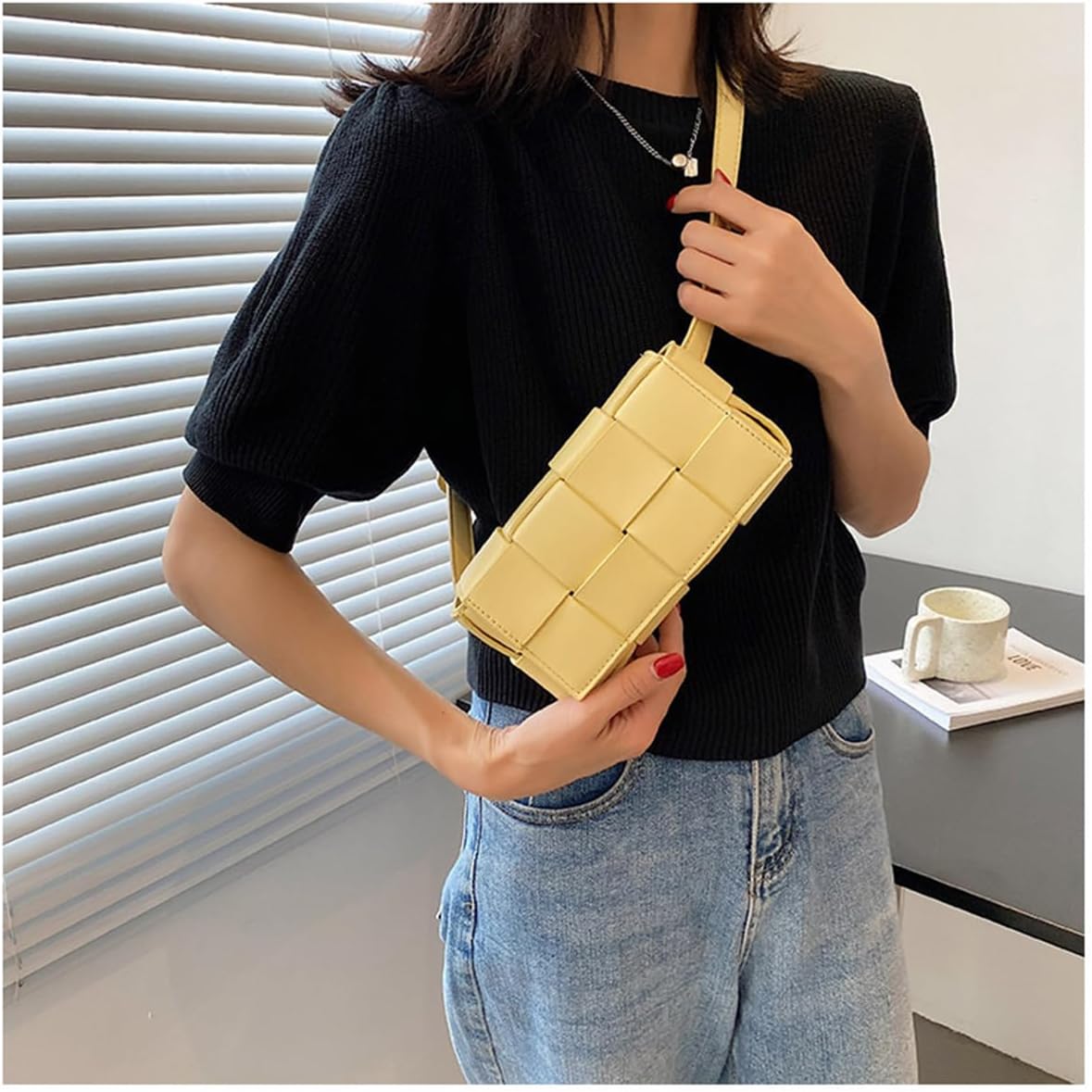 Waist Bags with Convertible Crossbody Shoulder Bag for Women, Fanny Pack Woven Cassette-Style Handbag Purse (Yellow)