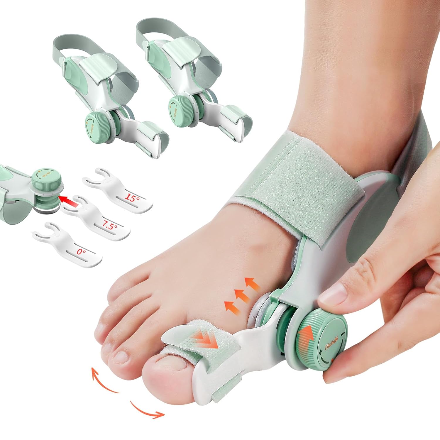 2 PCS Bunion Corrector for Women Big Toe, Adjustable Brace with Knob & Angled Plates for Hallux Valgus Relief & Toe Alignment, Medium Strap Green-2PCS Medium
