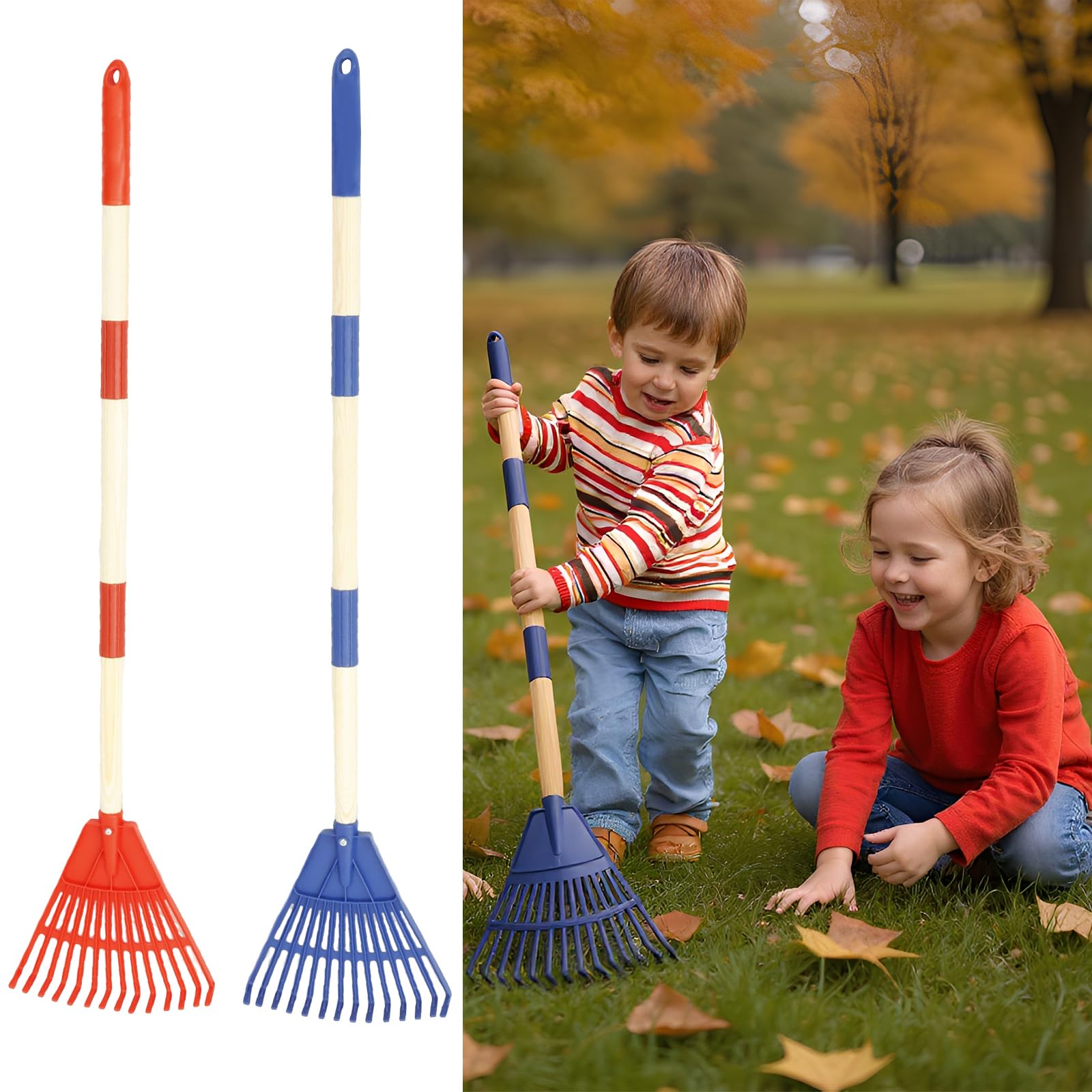 2Pcs Kids Rakes for Leaves, 33.9" Adjustable Lawn Rake & Garden Rake with Detachable Wood Handles, Kids Garden Tool Set Toy Gifts for Boys and Girls, Camping, Flower Beds, Mulch & Shrub (BLUE RED)