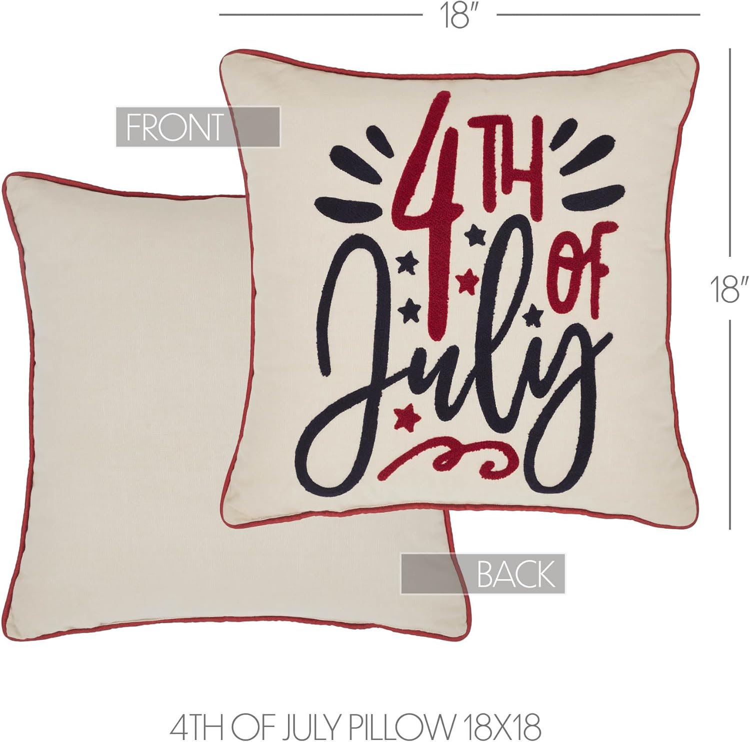 VHC Brands Patriotic 4th of July Pillow 18x18, Independence Day Decor, 4th of July Celebration, Embroidered Cotton Pillow, Perfect for Bedroom, Entry, Living Room, Square Shape, Americana, Natural