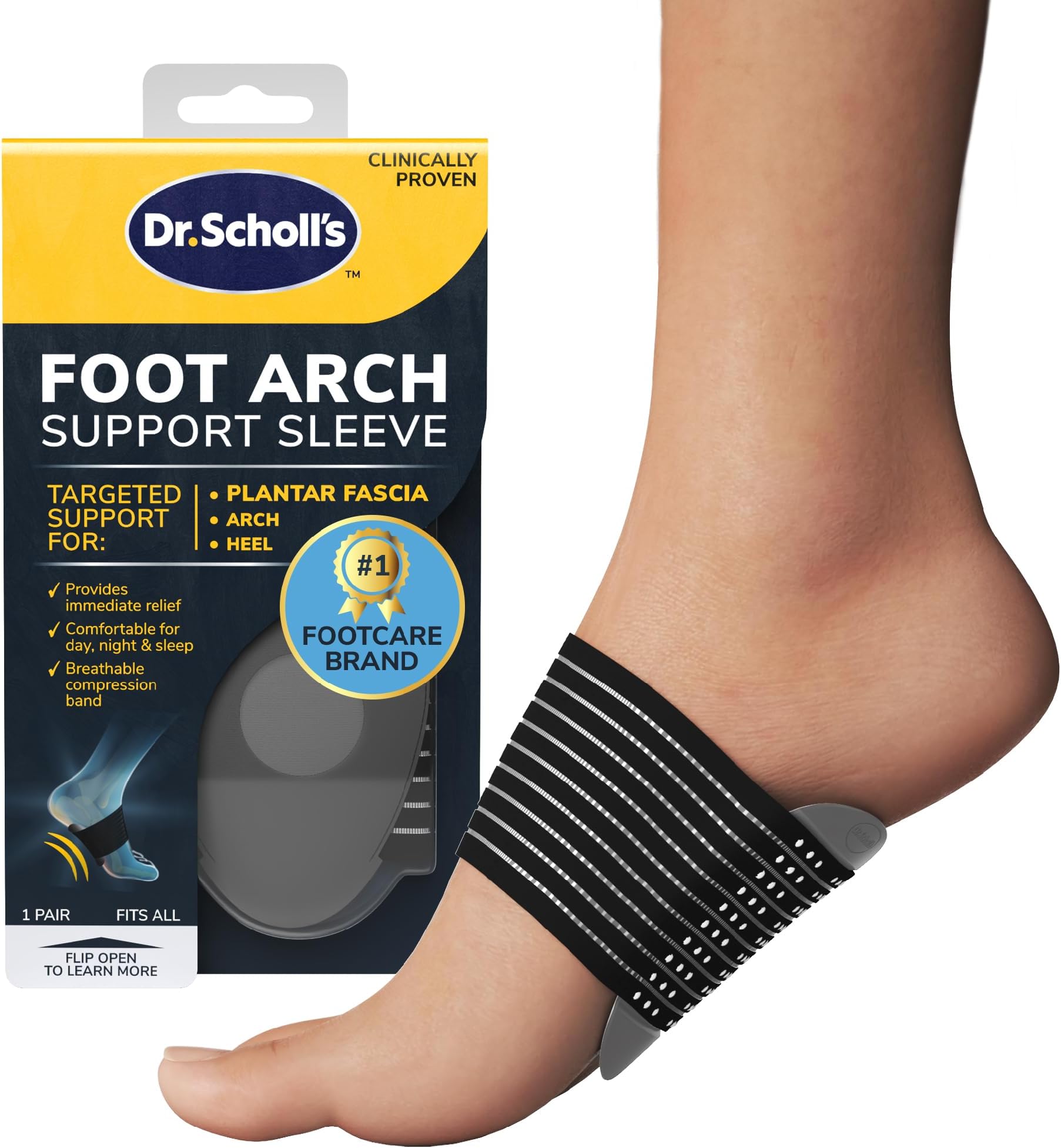 Dr. Scholl's Foot Arch Support Sleeve - Provides Immediate Support, Comfortable for Day, Night & Sleep, Breathable Compression Band, Targeted Support For Plantar Fascia, Heel & Arch