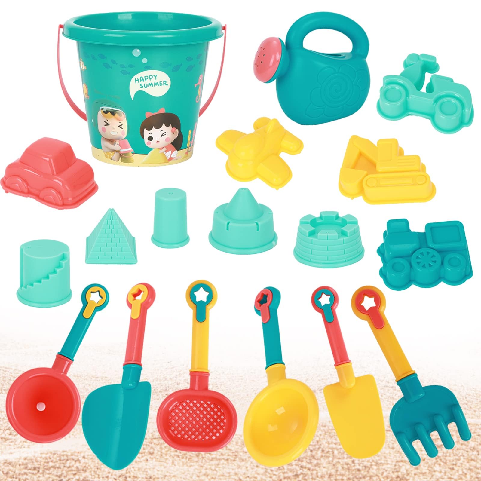 Excefore Beach Toys Set for Kids, 18 Pcs Sand Toys with Buckets, Watering Cans, Shovels, Rakes, Castle, Digger, Car Molds and Reusable Mesh Bag, Outdoor Fun Sand Tools for Toddler Children Boys Girls