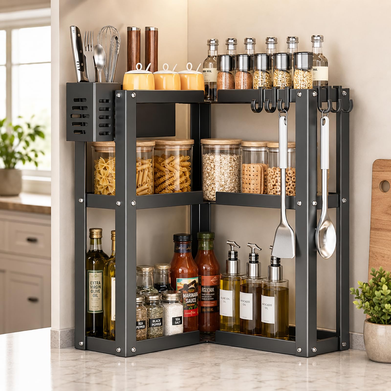 Kitchen Countertop Organiser, 3-Tier Kitchen Corner Shelf, Metal Spice Rack
