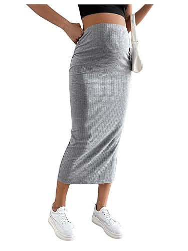 SHENHE Women's Maternity Skirt Adjustable Rib Knit High Waist Split