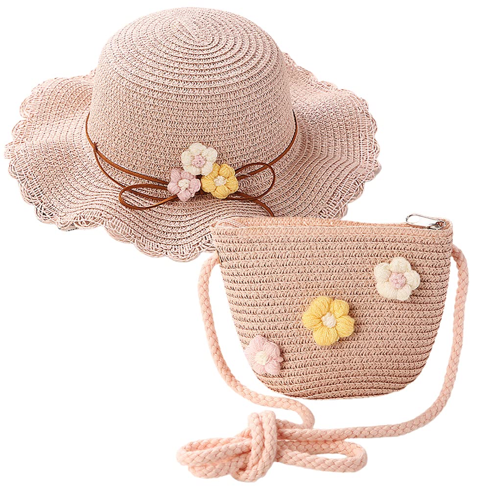 REYOK Sombrero para el Sol para niñas y Mini Bolso de Paja, Bolso pequeño con decoración de Flores Sombreros de Paja para la Playa de Verano Sombrero para el Sol para Actividades al Aire Libre (C-Beige)