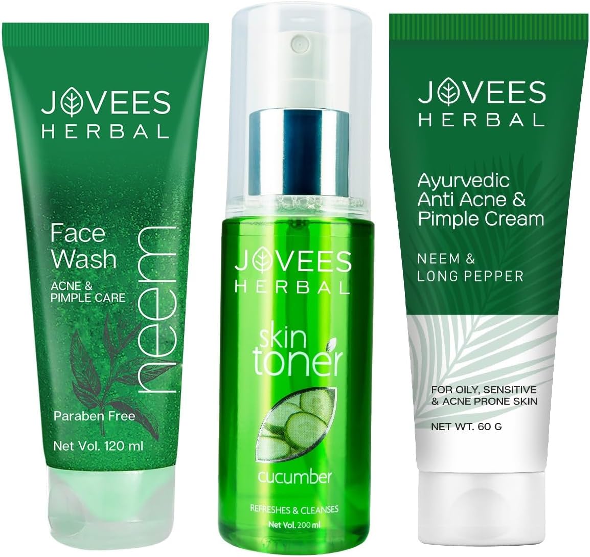 Herbal Acne Prone Skin Routine Neem Face Wash 120ml & Cucumber Toner 200ml and Anti Acne Pimple Cream 60gm (Set of 3)