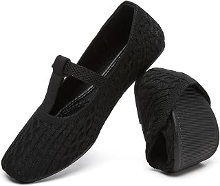 HEAWISH Women's Knitted Mary Janes Flats Square Toe Comfortable Slip On Casual Walking Shoes with Adjustable Buckle Strap for Daily Office Dressy