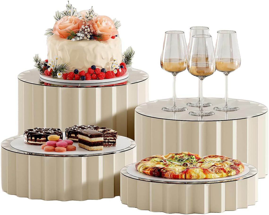 Buffet Risers Food Risers for Buffet Table, Foldable Food Display Risers for Dessert Table, 4 Pcs Cylinder Stands with Acrylic Risers Display Stands for Party(White)