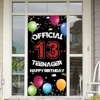 HTDZZI Official Teenager 13th Birthday Door Backdrop Banner, Happy 13th Birthday Decorations for Boys Girls, Black White 13 Year Old Birthday Party Yard Sign Photo Props for Outdoor Indoor, Sturdy