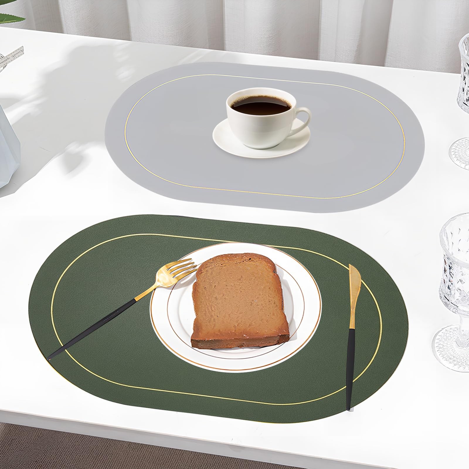 4 stuks placemats van PU-leer, afwasbaar, dubbelzijdige placemats, ovaal, waterdicht, antislip, hittebestendig, placemats voor keuken en eettafel, voor thuis, restaurant, hotel