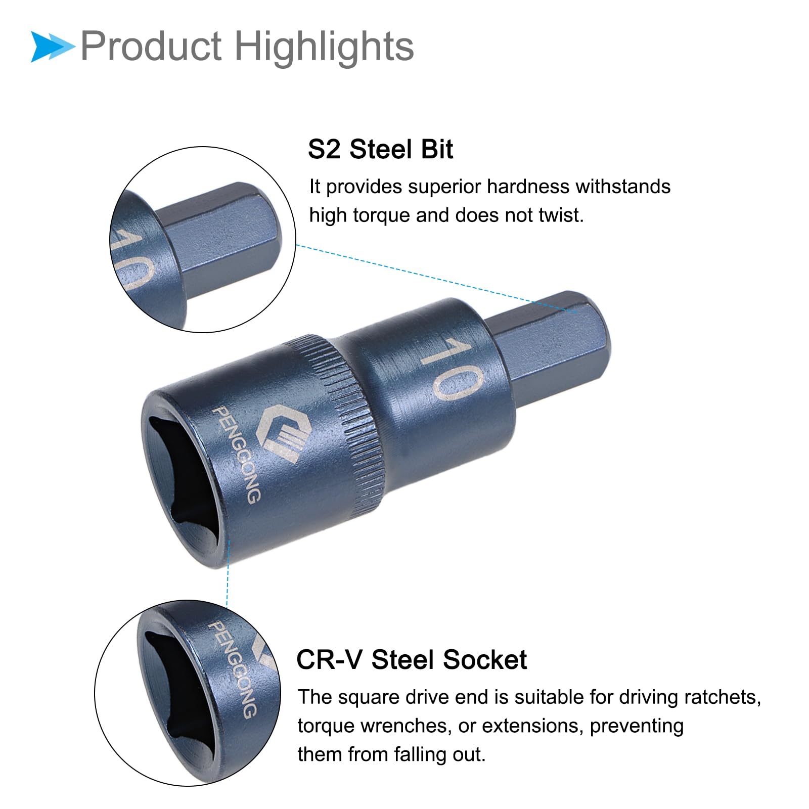 CoCud Hex Bit Socket, H10 Bit 1/2" Drive 2" Length, Star S2 Alloy Steel Cr-V Socket Blue - Image 4