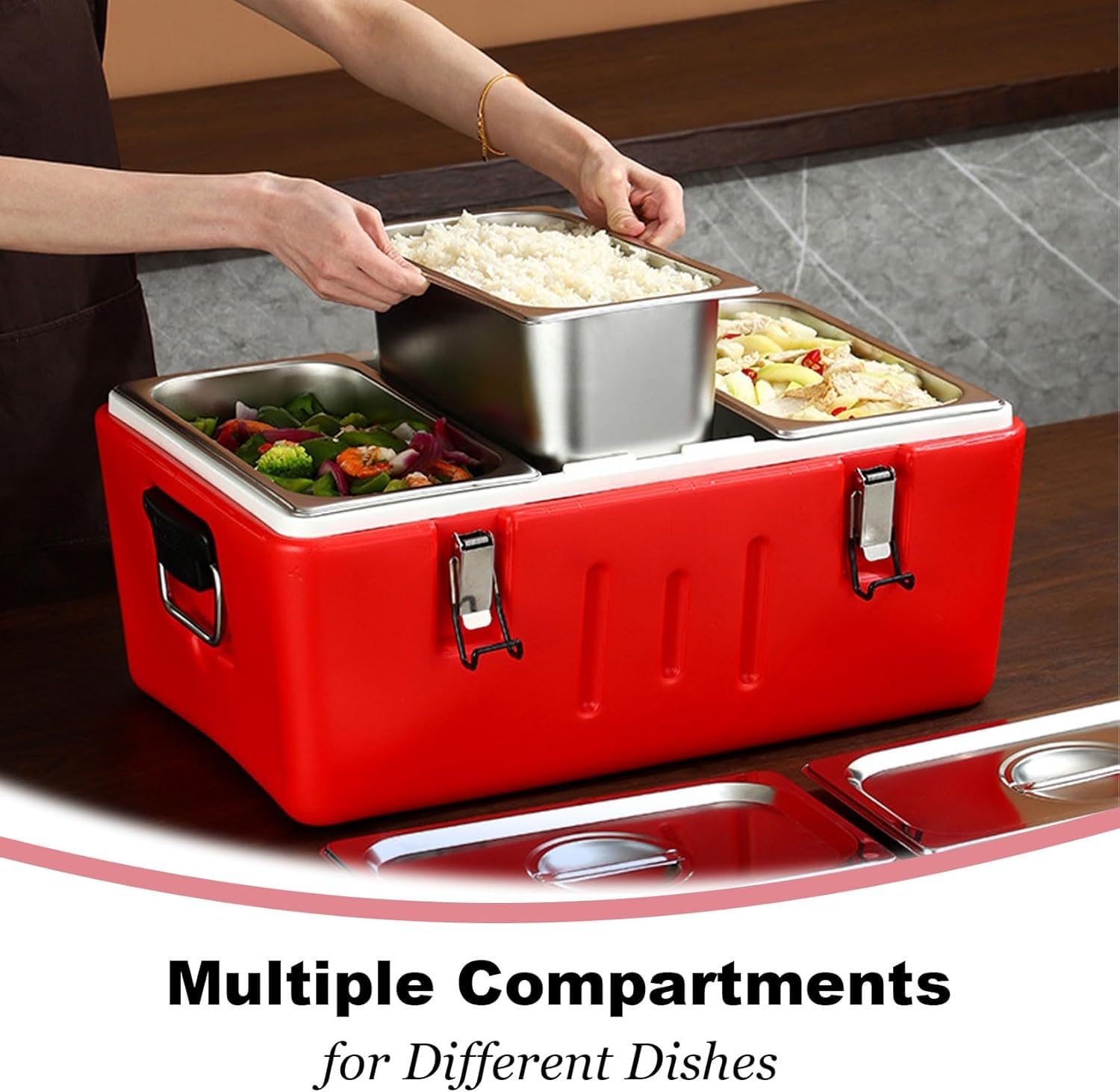 Caja de alimentos resistente aislada con sartenes de acero inoxidable, transporte de alimentos fríos y calientes, 4 hebillas y 2 asas para catering, camping