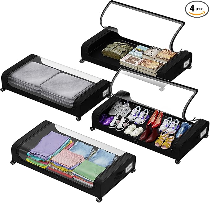 4 Pack Under Bed Storage with Wheels, Under Bed Shoe Storage Organizer with PVC Clear Window, Lids and Label, Under the Bed Storage Containers for Shoe Clothes Toy Book(Black)