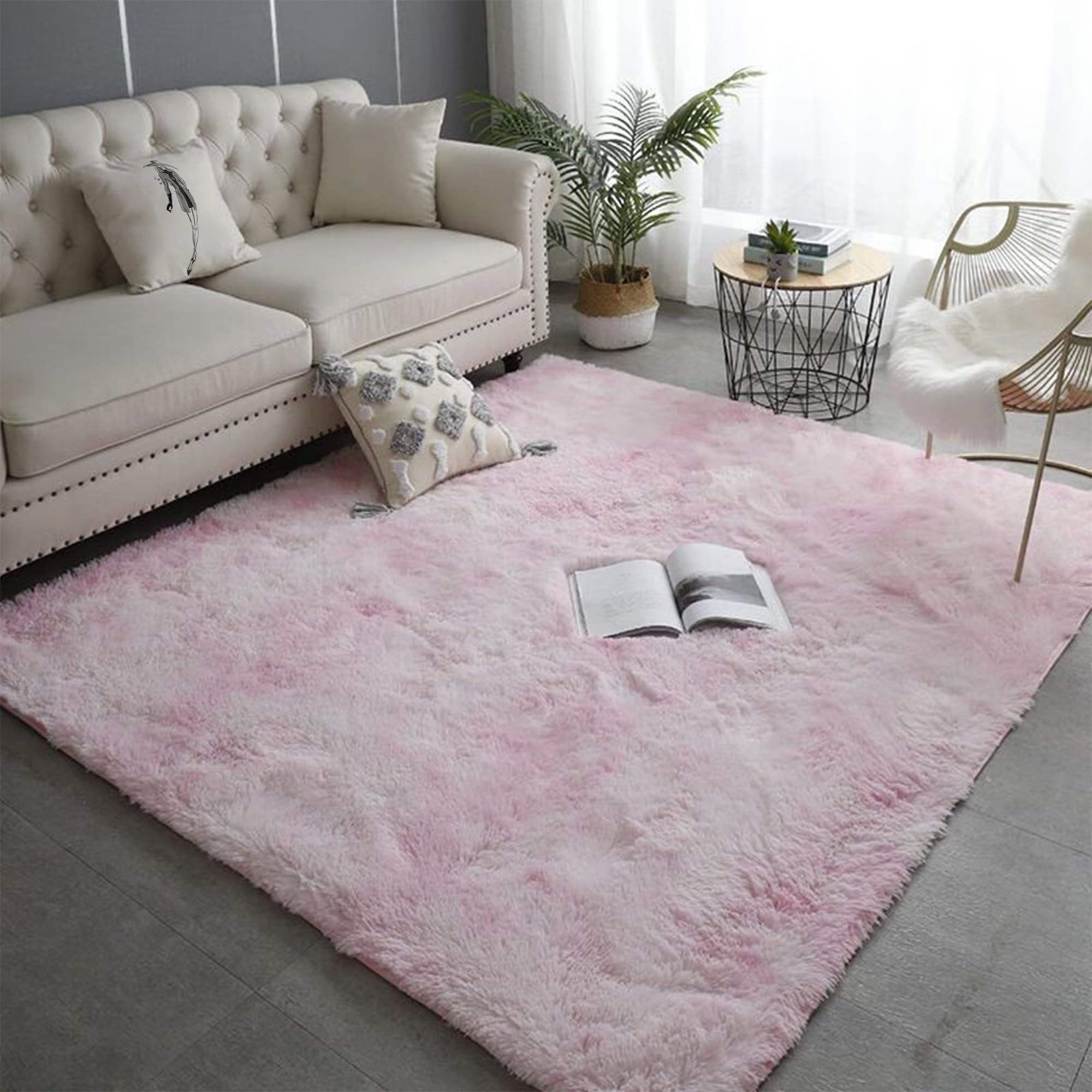 Tapis chambre 170x250 cm rose clair à poil long doux et moderne