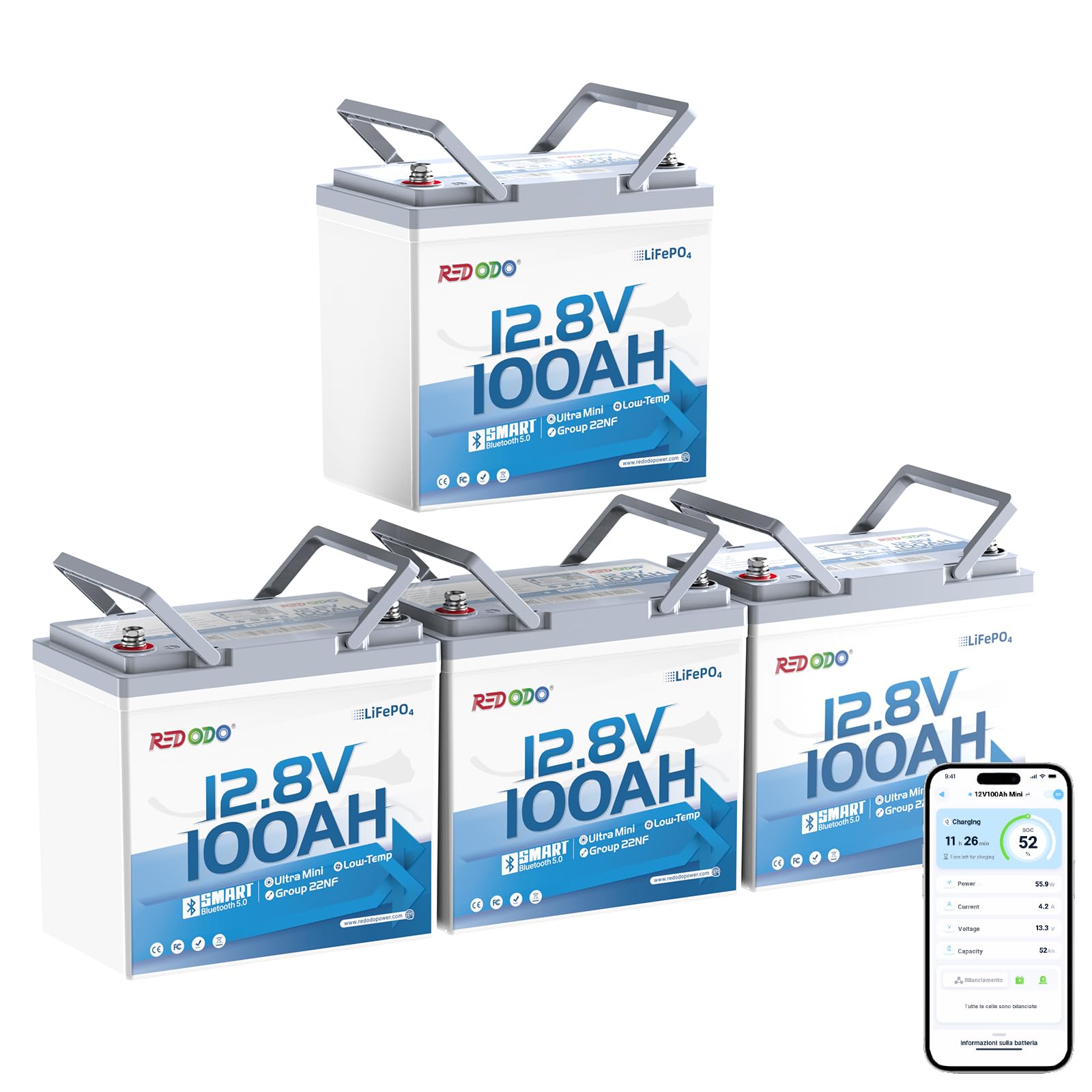 Redodo 12V 100Ah Group 22NF LiFePO4 Battery for RV &amp; Off-Grid -4 Pack