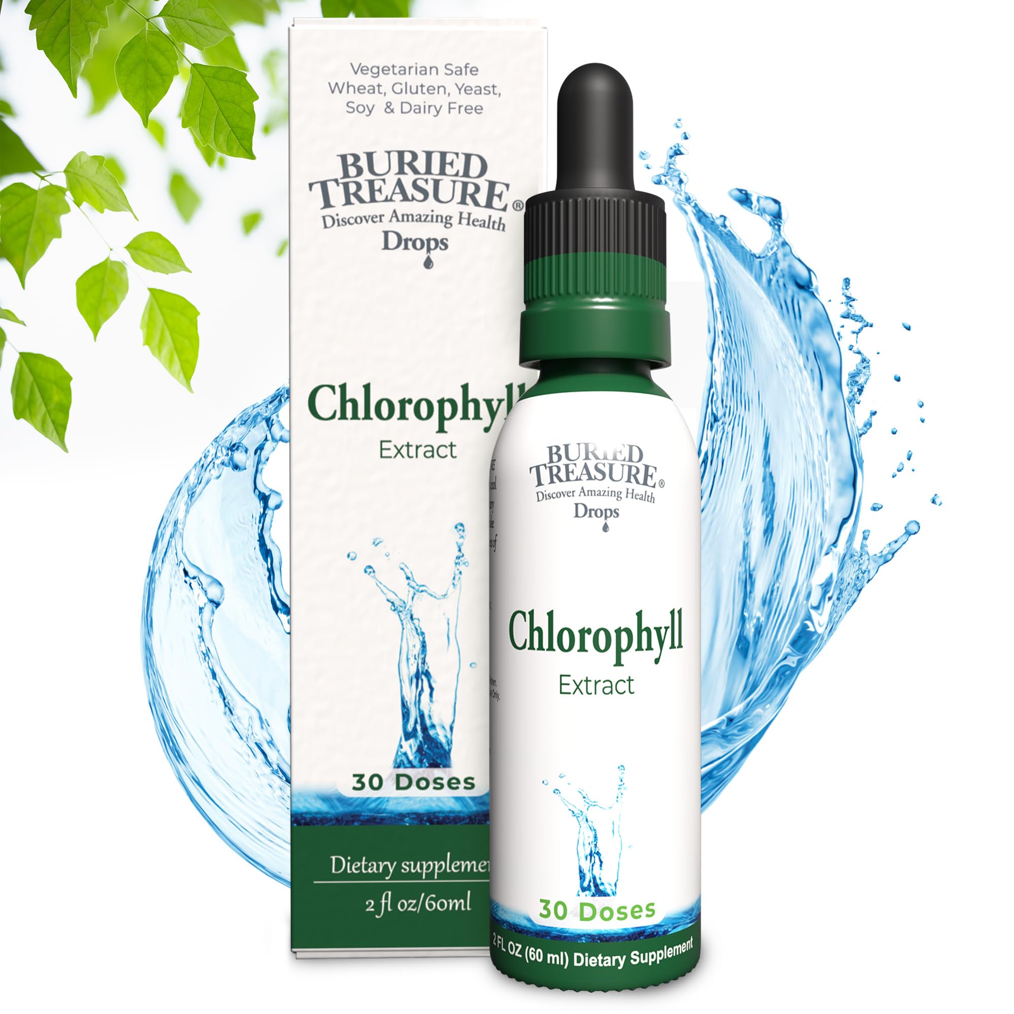 Buried Treasure Liquid Chlorophyll Drops - Copper Chlorophyllin from Mulberry Leaves, Manufactured in USA, Vegan, Supports Overall Wellness, Unflavored, 30 Servings.