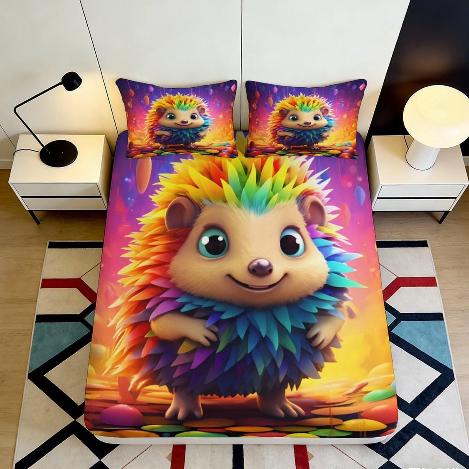 3D Printed Rainbow Hedgehog Fitted Sheet Microfiber Colorful Cartoon Animal Mattress Cover for Bedroom Dorm Room Easy Care 160x200x25cm