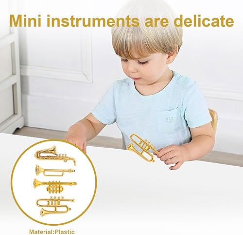 Miniatura 5 de BESTOYARD Juego de instrumentos musicales en miniatura de casa de muñecas, 4 piezas de mini casa modelo de instrumento musical incluye trompeta