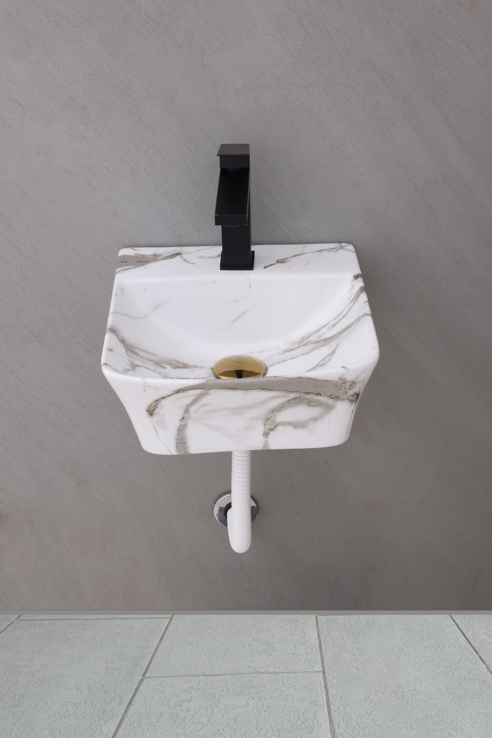 HISRE Wall Mount Wash Basin 13"x13"x5" | White Grey Marble Finish Ceramic Sink | Modern Rectangular Bathroom Basin for Home, Office & Hotels, photo 1 of 5