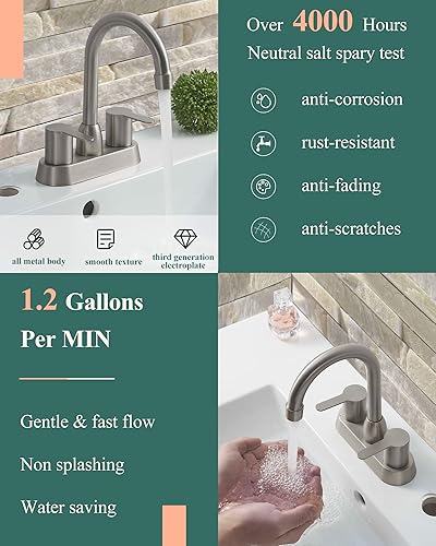 Miniatura 5 de KUZOR Centerset - Grifos de baño de 2 manijas y 3 agujeros, grifo de baño de níquel cepillado, boquilla giratoria de 4 pulgadas con drenaje