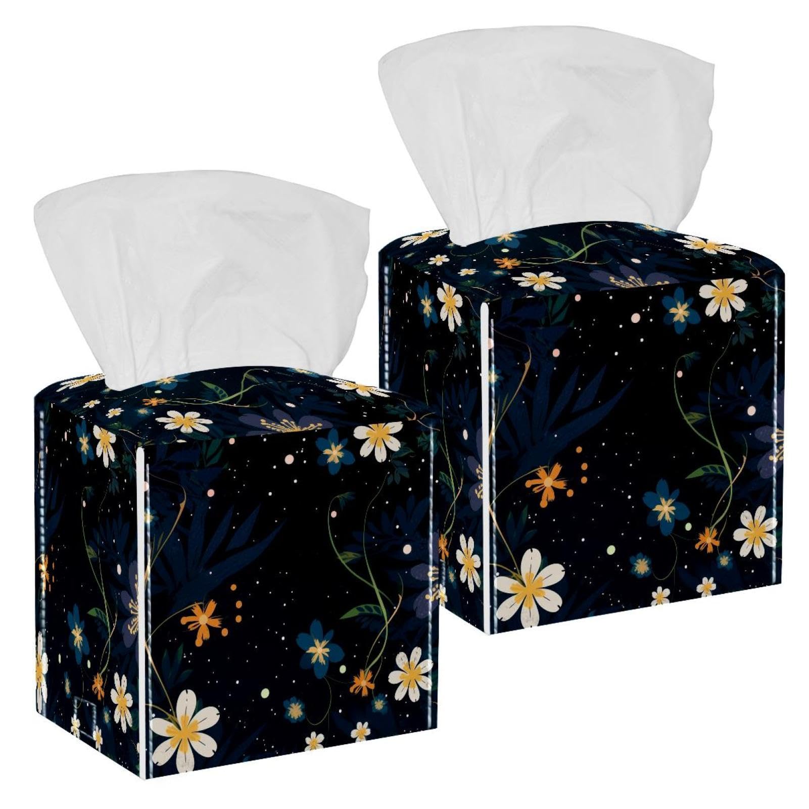 Floral Dots Tissue Box Cover, 2 Pack PU Leather Square Facial Tissue Dispenser Box holder for Home Office Car