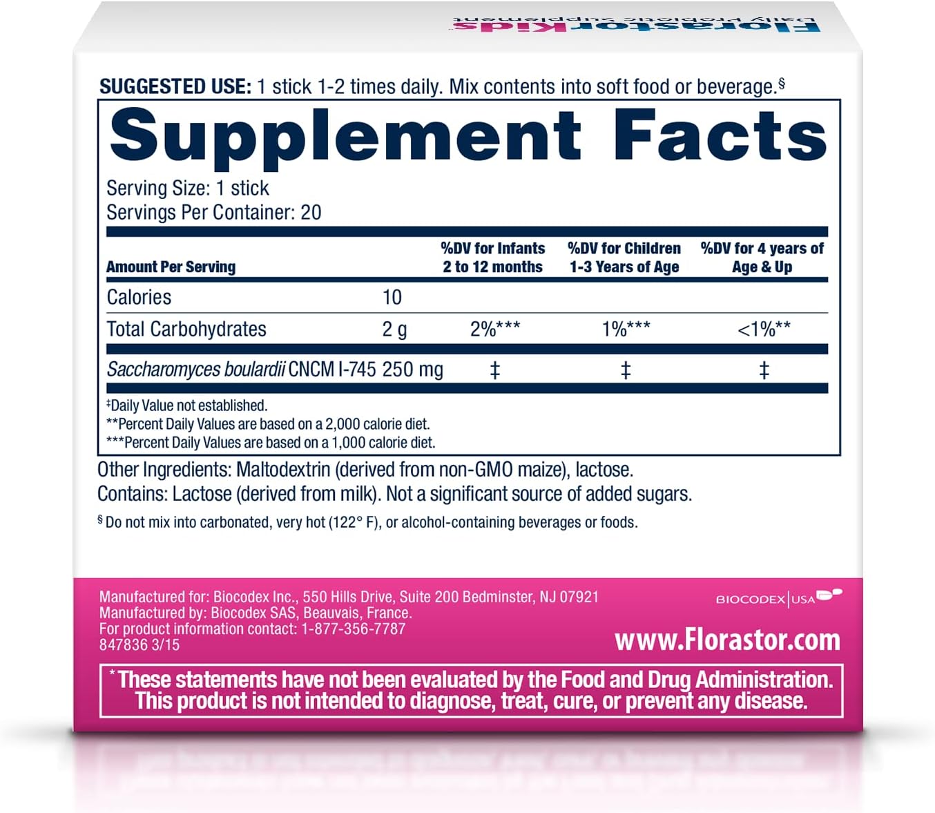 Florastor Kids Daily Probiotic Supplement, Unflavored Powder Mixes with Food or Beverage, Use with Antibiotics, Saccharomyces Boulardii CNCM I-745 (20 Sachets), Pack of 2