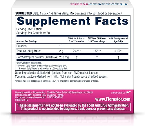 Miniatura 2 de Florastor Suplemento probiótico diario para niños, mezclas de polvo sin sabor con alimentos o bebidas, uso con antibióticos, Saccharomyces Boulardii