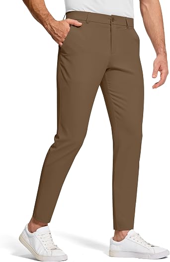 SERAMY Mens Golf Dress Pants 30" Inseam Stretch Skinny Tapered Lightweight Breathable Chino Trousers with Pockets for Casual Work Brown 34