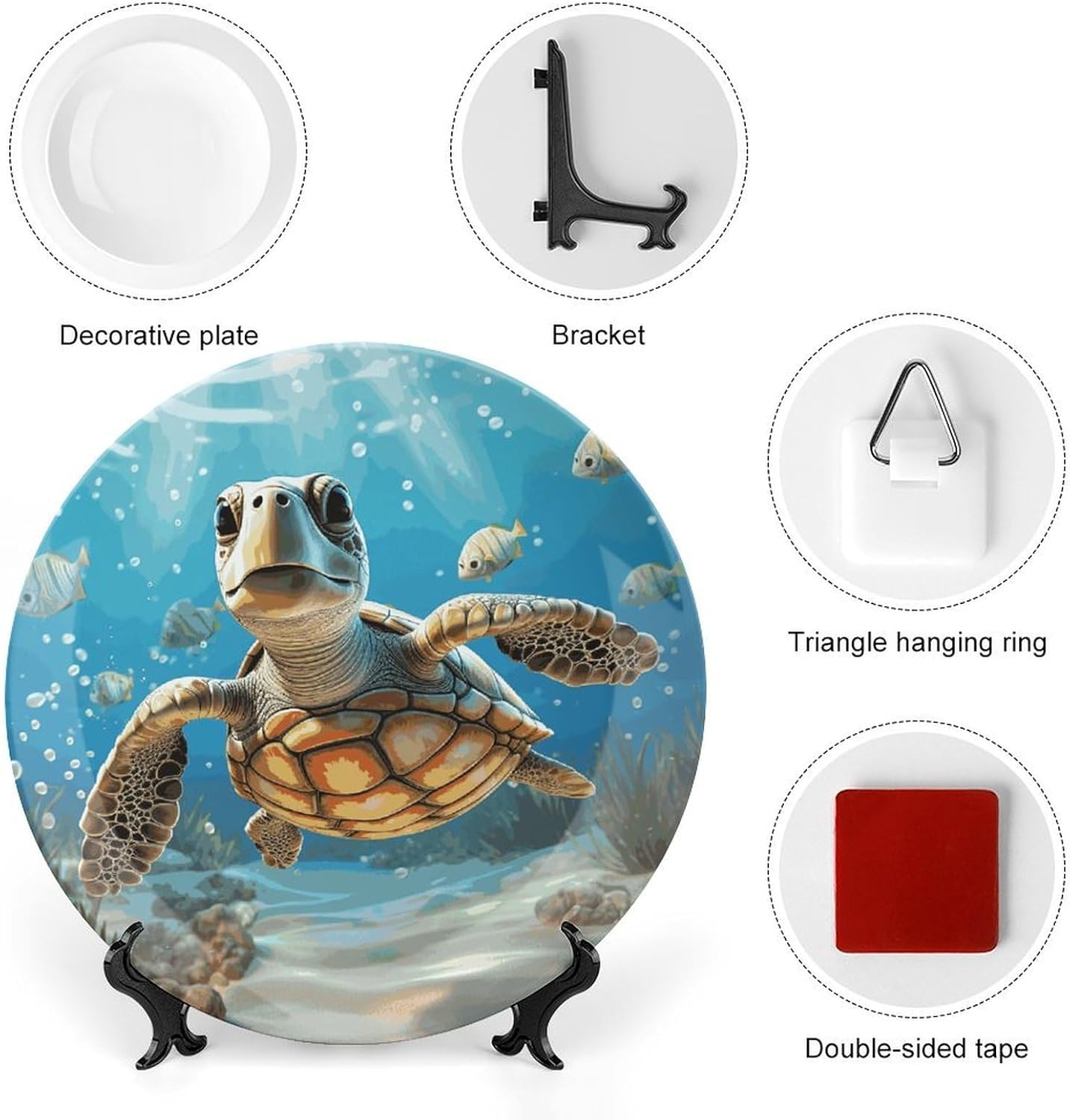 Cartoon Sea Turtle Ceramic Plate 10inch Decorative Bone China Wall Hanging Ornament Plates Bohemian Style Dinner Plate with Display Stand Cabinet Display Plates for Home Art Decor