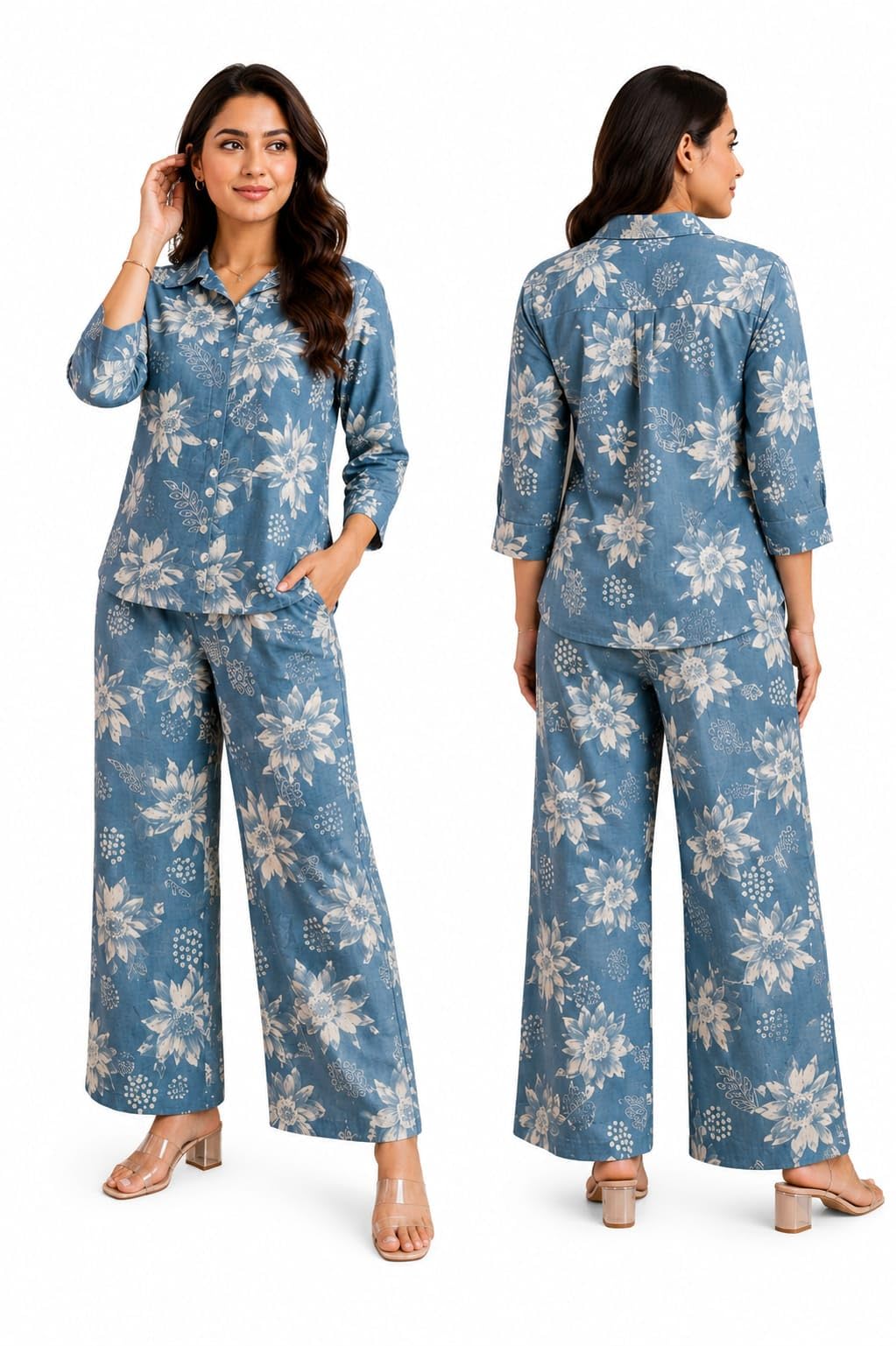 Women's Floral Printed Cotton Co-Ord Set | Shirt Collar Button Down Top with 3/4 Sleeves & Wide Leg Pants | Soft Comfortable Lounge Wear | Casual Co-Ord Set for Women | Blue Floral P rint size XL-image-40