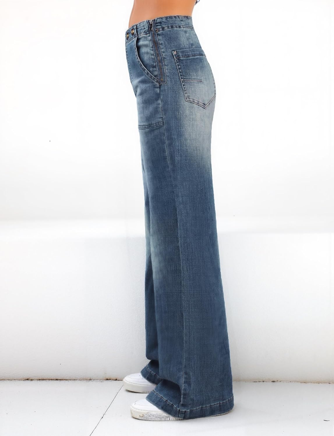 Emmiol Women Wide Leg Jeans Tummy Control Waisted Straight Stretchy Denim Pants with Pockets - Image 3