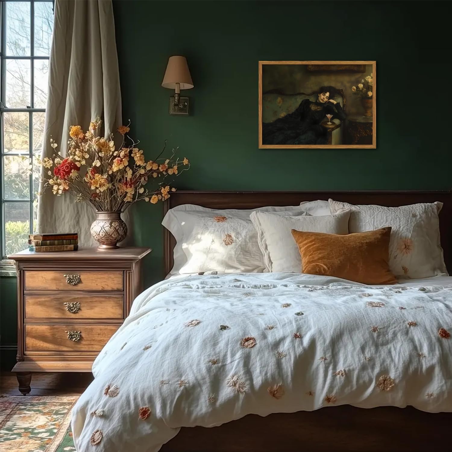 Framed Vintage Wall Art, Dark Academia Woman Martini Pictures Wall Decor, Victorian Feminine Lying on Couch Paintings Canvas Prints Moody Home Decor for Living Room Bedroom 16x24 inch